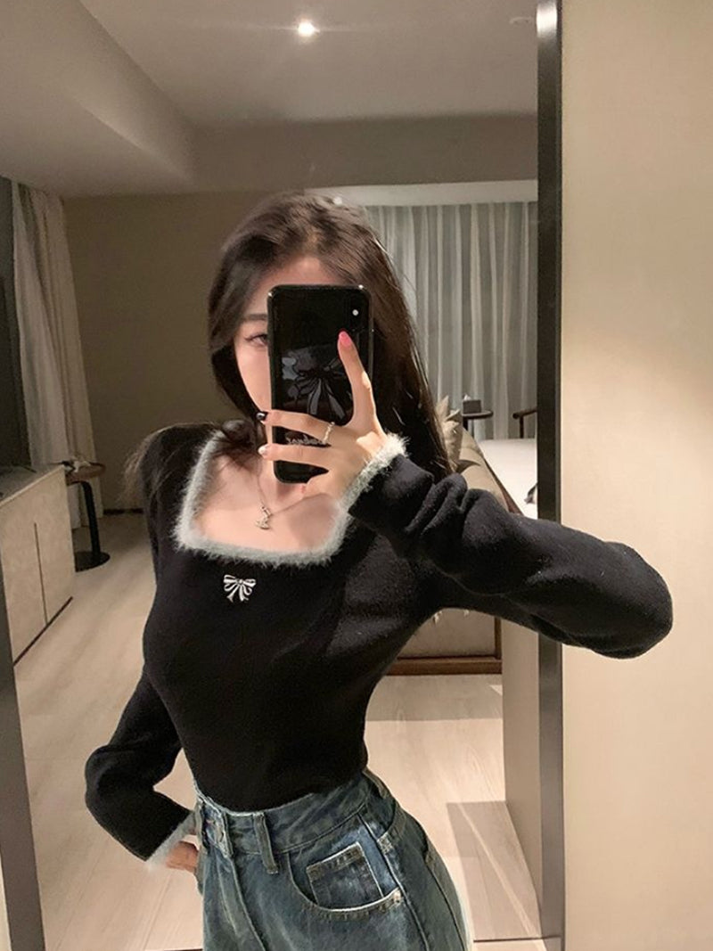 Black Bow Fluffy Square Collar Jumper