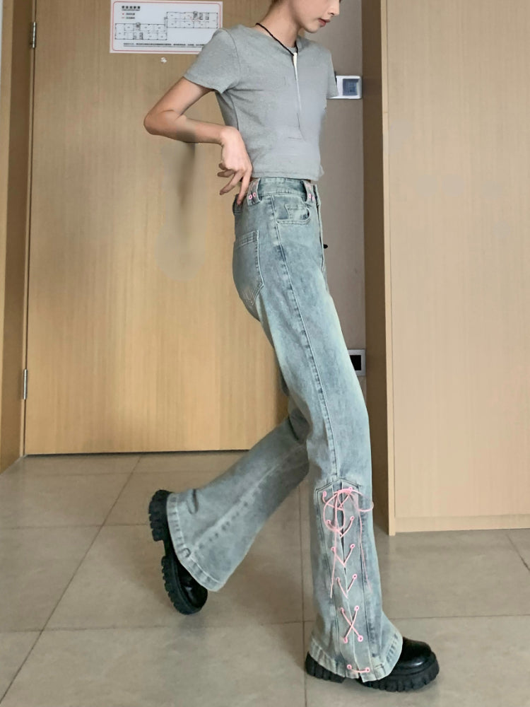 Pink Lace Up High Waist Flare Pants