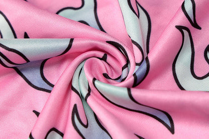 Sexy Pink Fire Flame Print Hollow Cut Out Long Sleeve Mini Dress Ruched Bodycon Club Party Summer E-Girl Kawaii Korean Japanese Harajuku Streetwear