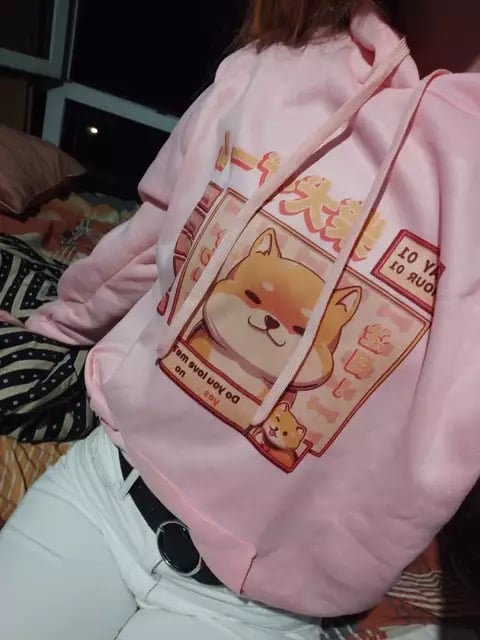 Cute Pastel Shiba Inu Dog Cartoon Print 90s Oversized Hoodie Sweater Sweatshirt Pullover Winter E-Girl Kawaii Korean Japanese Harajuku Streetwear