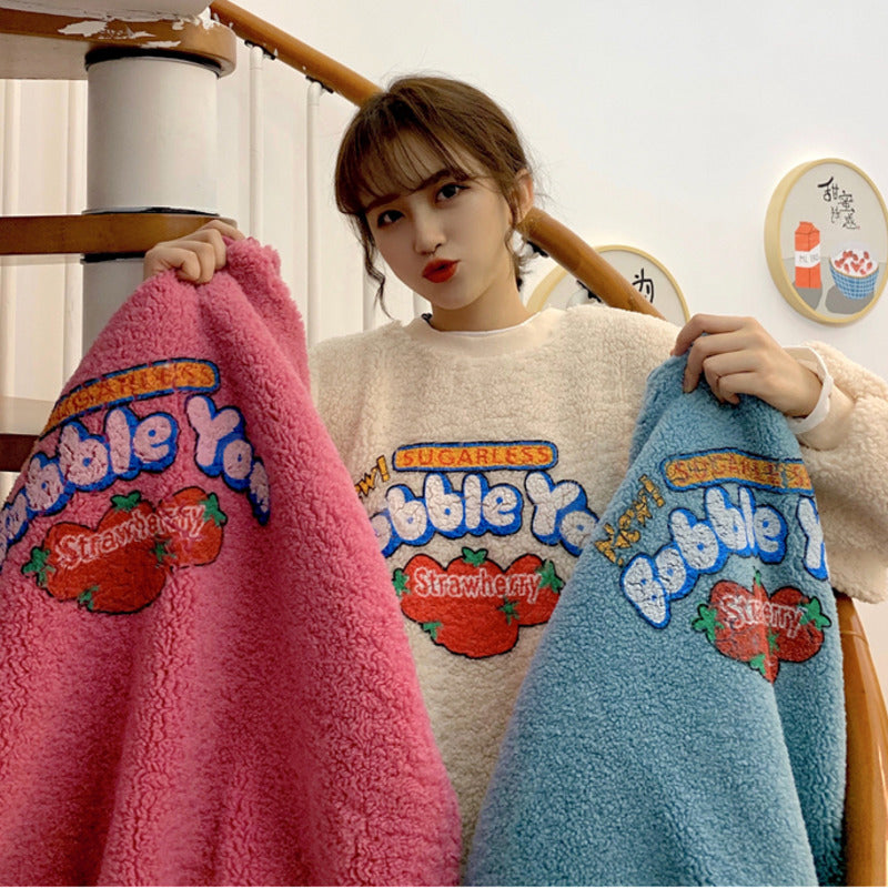 Strawberry Bubblegum Print Warm Fuzzy Fleece Hoodie Sweatshirt Sweater Long Sleeve Pullover E-Girl Kawaii Korean Japanese Harajuku Streetwear