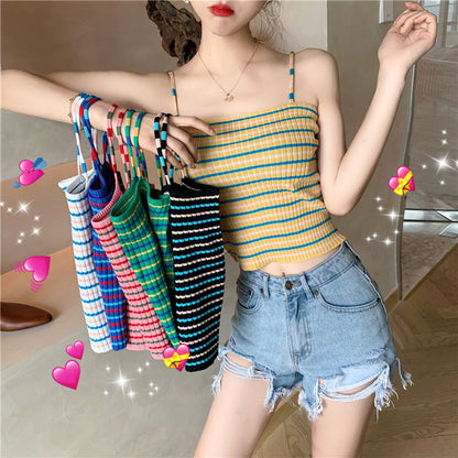 Cute Stripe Knit Cropped Tank Top Spaghetti Strap Camisole Sleeveless Shirt T-shirt Top E-Girl Kawaii Korean Japanese Harajuku Streetwear