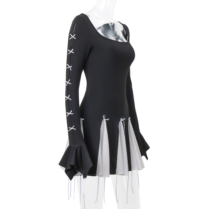 Black Lace Up Splice Fold Bodycon Dress