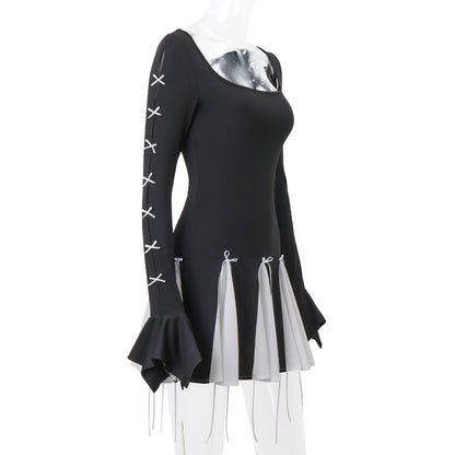 Black Lace Up Splice Fold Bodycon Dress