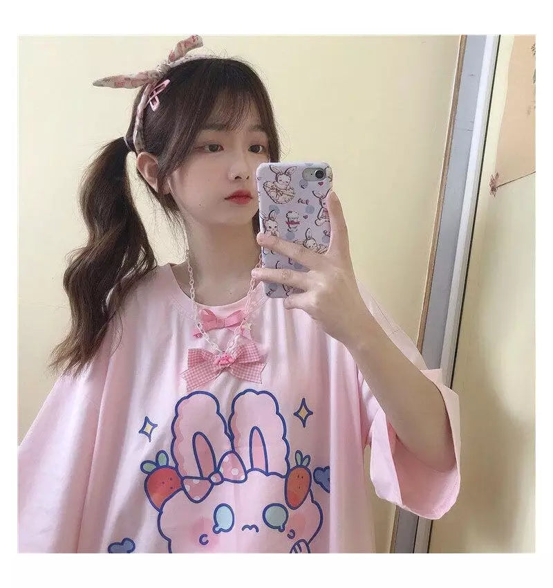 Cute Pastel Pink Sweet Rabbit Crying Strawberry Print Oversized Short Sleeve Shirt Aesthetic Casual E-Girl Kawaii Korean Japanese Harajuku