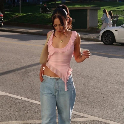 Pink Ruffle Irregular Crop Top