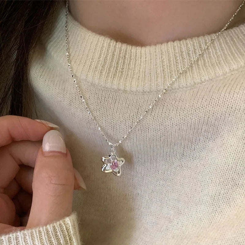 Pink Rhinestone Crystal Star Pendant Necklace