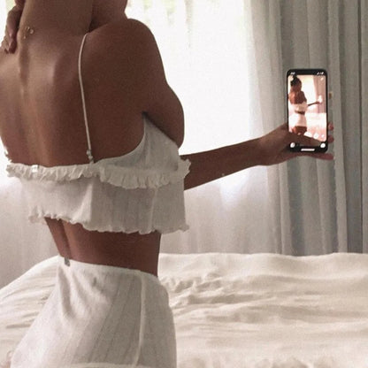 White Ruffle V Neck Lace Up Camisole