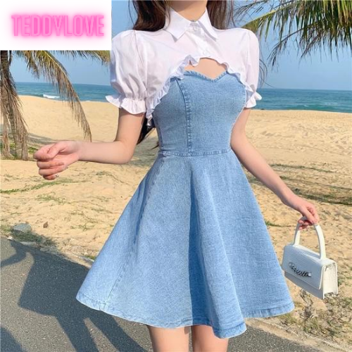 Cute Sexy French Sling Blue Denim A-line Waist Mini Dress Party Picnic Summer Aesthetic Casual E-Girl Kawaii Korean Japanese Harajuku