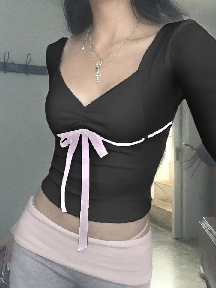 Bandage Bow Square Collar Crop Top