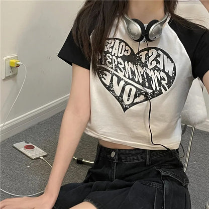 Heart Patchwork Short Sleeve Crop Top