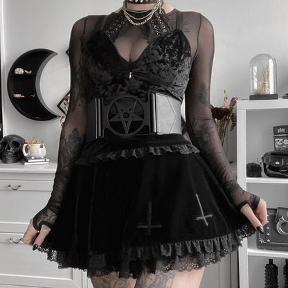 Cute Sexy Goth Black Cross Skirt Vintage Lace Trim A-Line Grunge Punk High Waist Ruffle Summer E-Girl Kawaii Korean Japanese Harajuku Streetwear