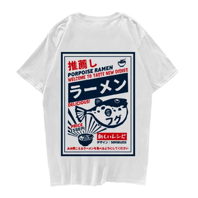 Puffer Fish Ramen Sushi Graphic Cartoon Print Loose Oversized Short Sleeve T-shirt Top Summer Causal E-Girl Kawaii Korean Japanese Harajuku Streetwear