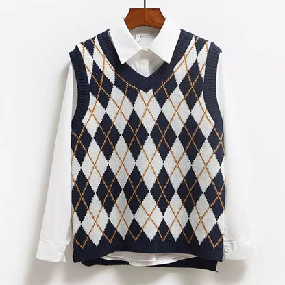 Cute Argyle V Neck Sleeveless Vest Knit Sweater Pullover Jumper Tank Top Autumn Aesthetic E-Girl Kawaii Korean Japanese Harajuku Streetwear