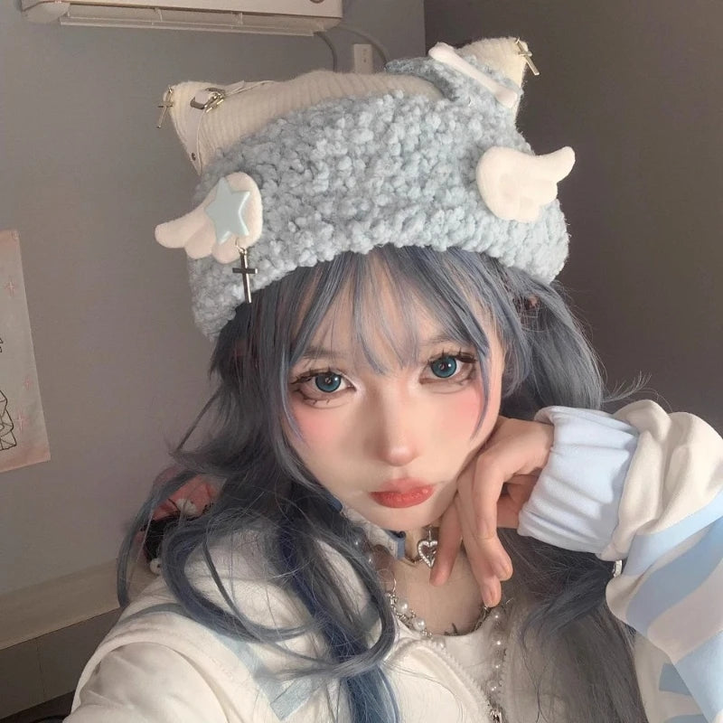 Blue Knit Star Cat Ears Hat