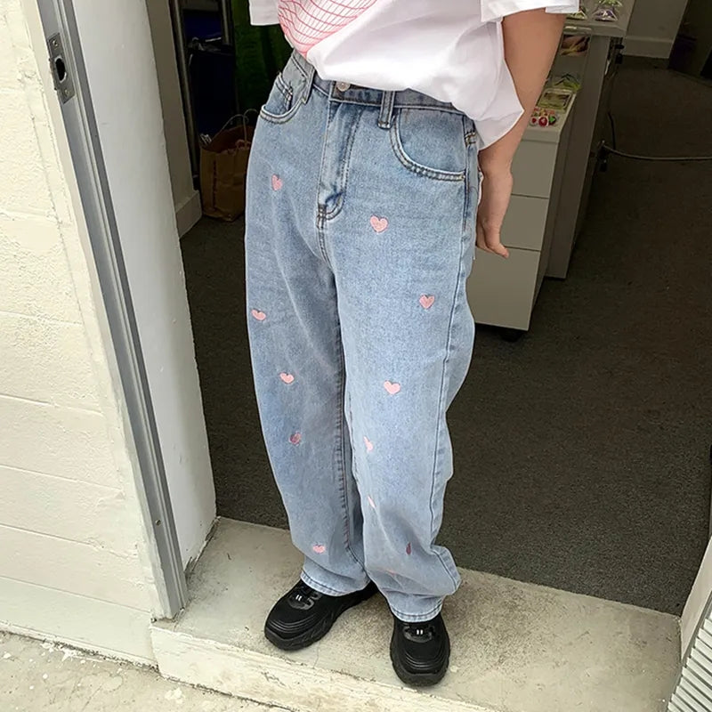 Pink Heart Embroidery Denim Jeans
