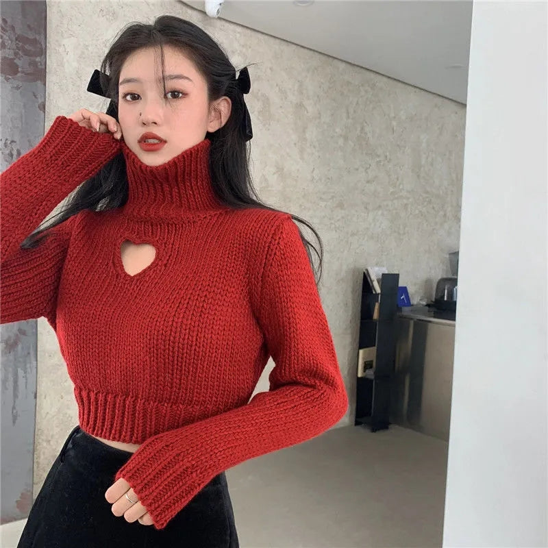 Heart Hollow Out Cropped Turtleneck Sweater