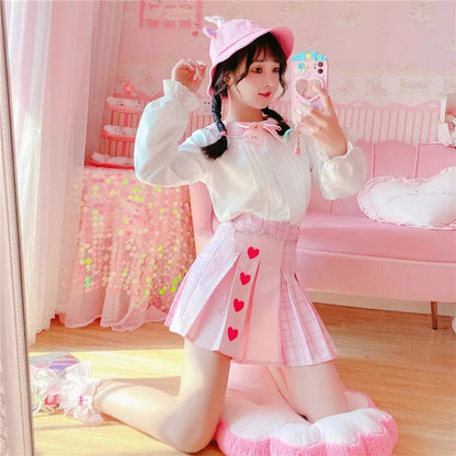 Pink Heart Plaid High Waisted Tennis Skirt Aesthetic Casual E-Girl Kawaii Korean Japanese Harajuku
