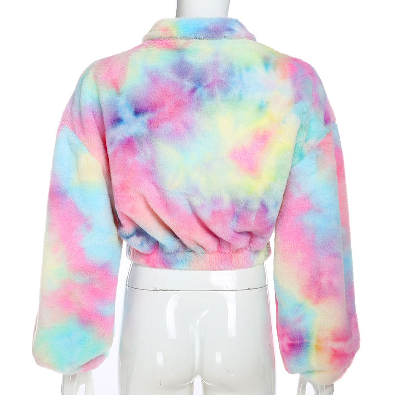 Cute Casual Rainbow Furry Tie Dye Plush Crop Long Sleeve Loose Sweatshirt Pullover E-Girl Kawaii Korean Japanese Harajuku Retro Streetwear Aesthetic