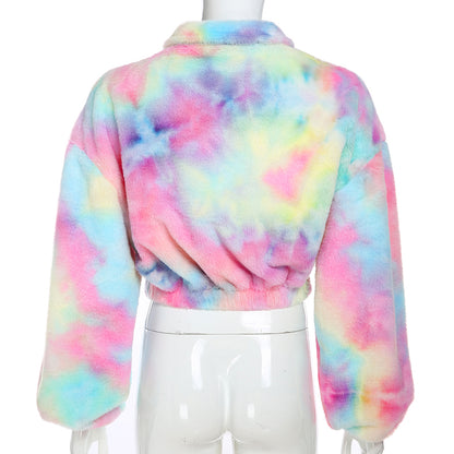Cute Casual Rainbow Furry Tie Dye Plush Crop Long Sleeve Loose Sweatshirt Pullover E-Girl Kawaii Korean Japanese Harajuku Retro Streetwear Aesthetic