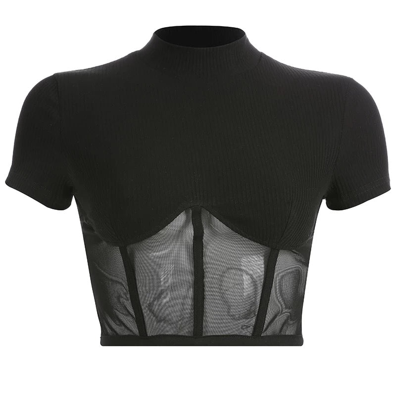 Cute Sexy Patchwork Black Mesh Crop Top Short Sleeve Shirt Tee T-shirt E-Girl Kawaii Korean Japanese Harajuku Chinese Retro Streetwear Aesthetic
