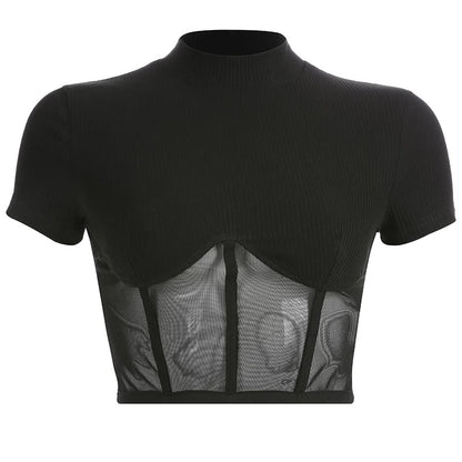 Cute Sexy Patchwork Black Mesh Crop Top Short Sleeve Shirt Tee T-shirt E-Girl Kawaii Korean Japanese Harajuku Chinese Retro Streetwear Aesthetic