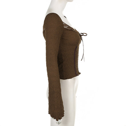 Brown Lace Trim V Neck Flare Long Sleeve Top