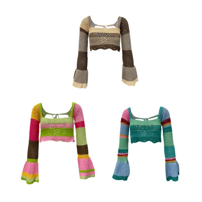 Rainbow Crochet Long Sleeve Drawstring Crop Top