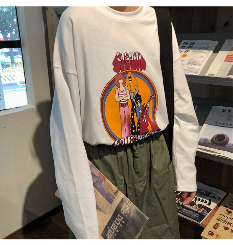 Cute White Music Band Cartoon Print Oversize Loose Long Sleeve Shirt Top T-shirt O Neck Casual E-Girl Kawaii Korean Japanese Harajuku Streetwear