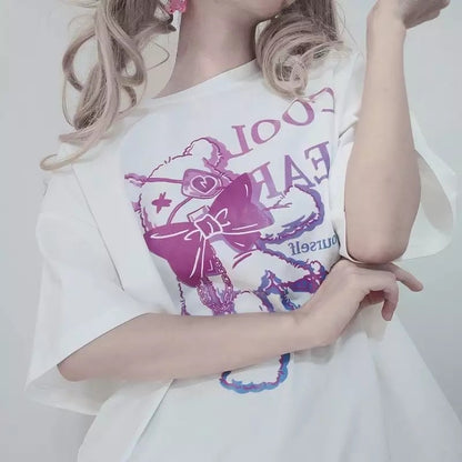 Black Bear Bow Cartoon Print Short Sleeve Tee Shirt T-shirt Top Goth Punk Causal Summer E-Girl Kawaii Korean Japanese Harajuku Streetwear