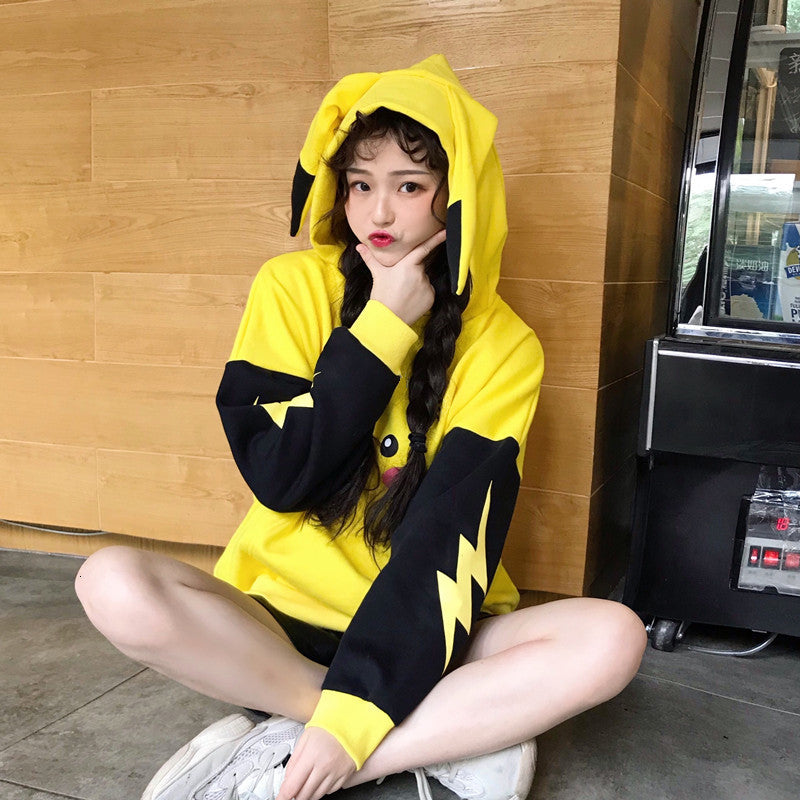 Cute Yellow Pikachu Anime Cartoon Long Ears Oversized Casual Hoodie Sweater Sweatshirt Pullover E-Girl Kawaii Korean Japanese Harajuku Streetwear