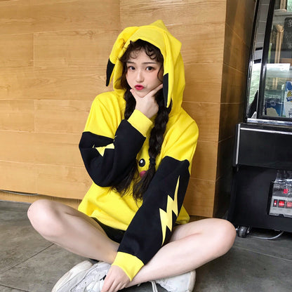 Cute Yellow Pikachu Anime Cartoon Long Ears Oversized Casual Hoodie Sweater Sweatshirt Pullover E-Girl Kawaii Korean Japanese Harajuku Streetwear
