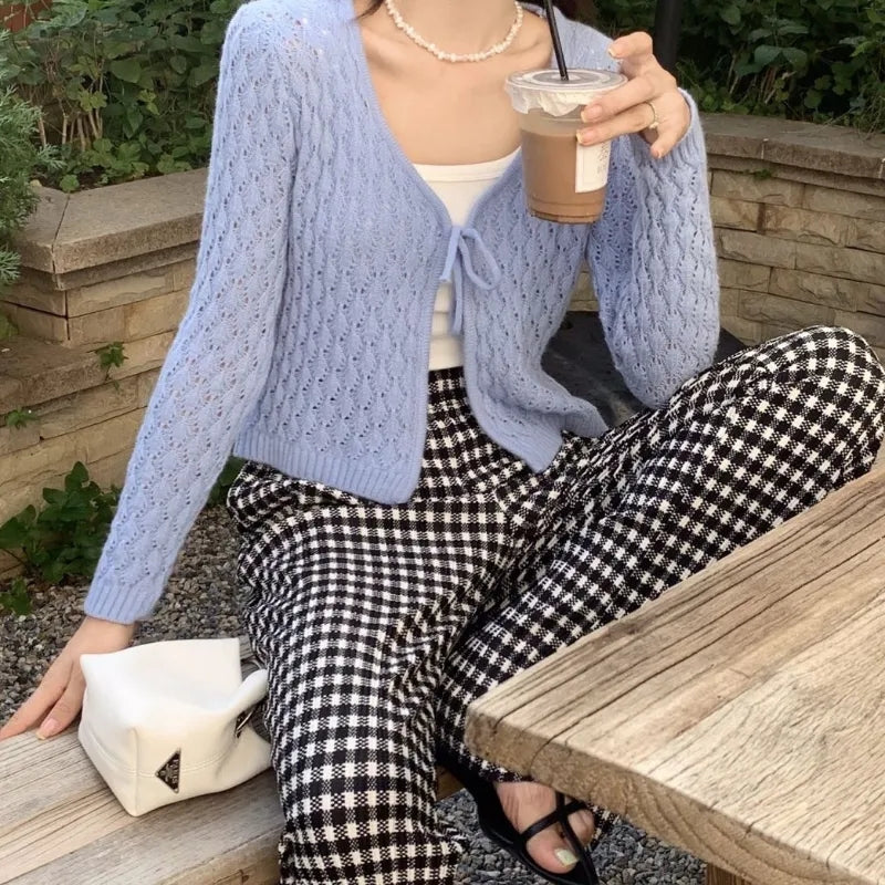 Hollow Out Lace Up V Neck Cardigan