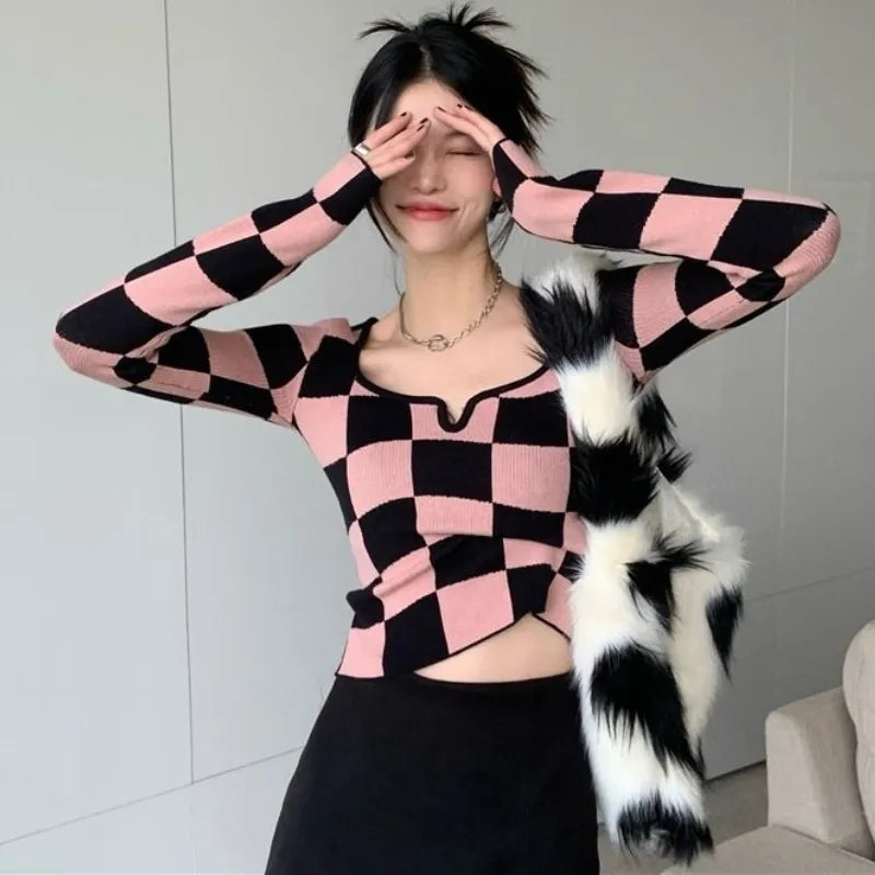 Pink & Black Checkboard Knit Sweater