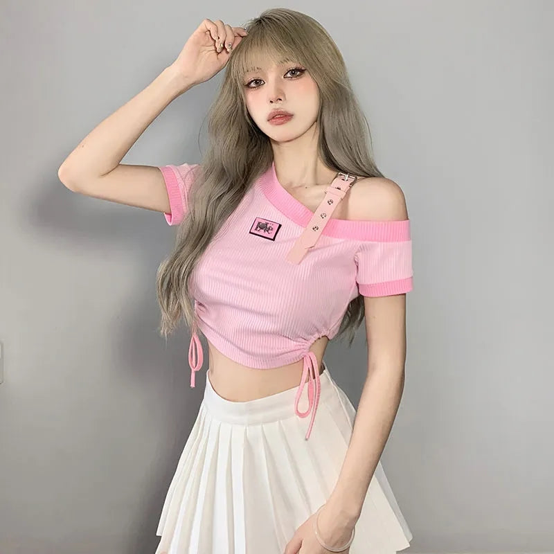 Sweet Pink Off Shoulder Short Sleeve Shirt