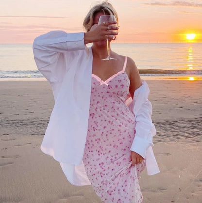 Cute Sexy Pink Floral Long Boho Dress Sleeveless V Neck Lace Trim Bodycon Party Club Beach Summer Vintage Casual E-girl Kawaii Korean