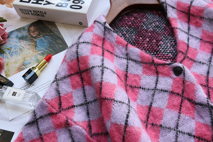 Cute Argyle Print Pink Purple V Neck Sweater Button Sweatshirt Cardigan Pullover Goth Punk Casual E-Girl Kawaii Korean Japanese Harajuku Streetwear