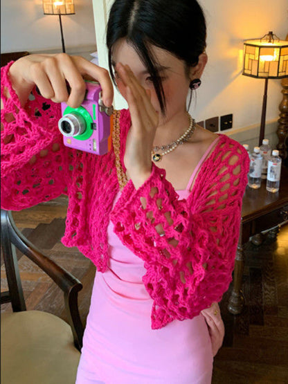 Pink Hollow Out Smock Knit Sweater