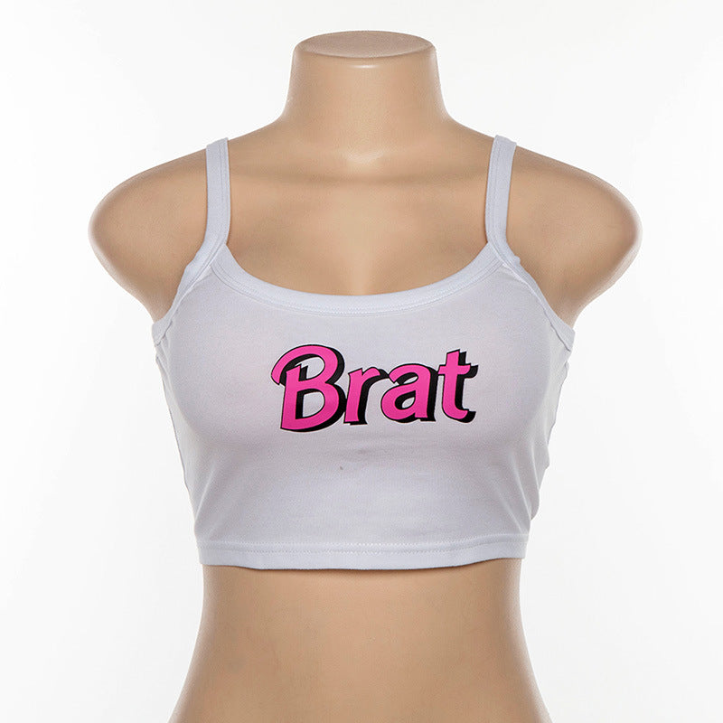 White Brat Letter Print Graphic Casual Summer Crop Top Tank Camisole T-shirt Tee E-Girl Kawaii Korean Japanese Harajuku Retro Streetwear Fashion