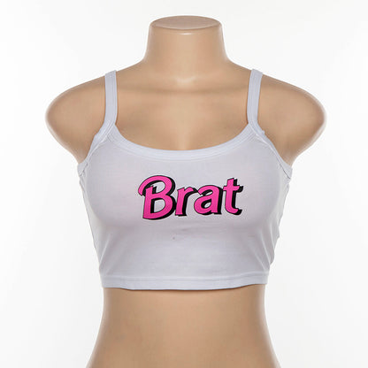 White Brat Letter Print Graphic Casual Summer Crop Top Tank Camisole T-shirt Tee E-Girl Kawaii Korean Japanese Harajuku Retro Streetwear Fashion