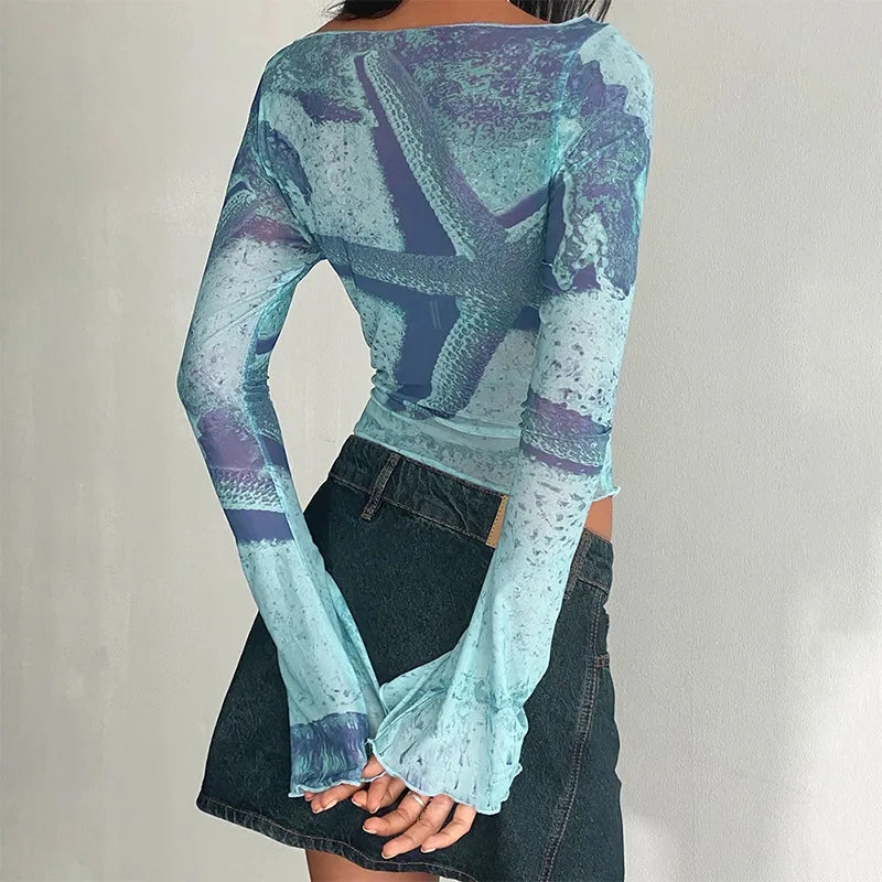 Starfish Mesh Graphic Print Flare Long Sleeve Shirt
