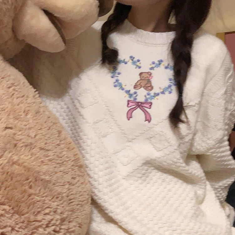 Heart Bear Flower Bow Embroidery Knit Sweater