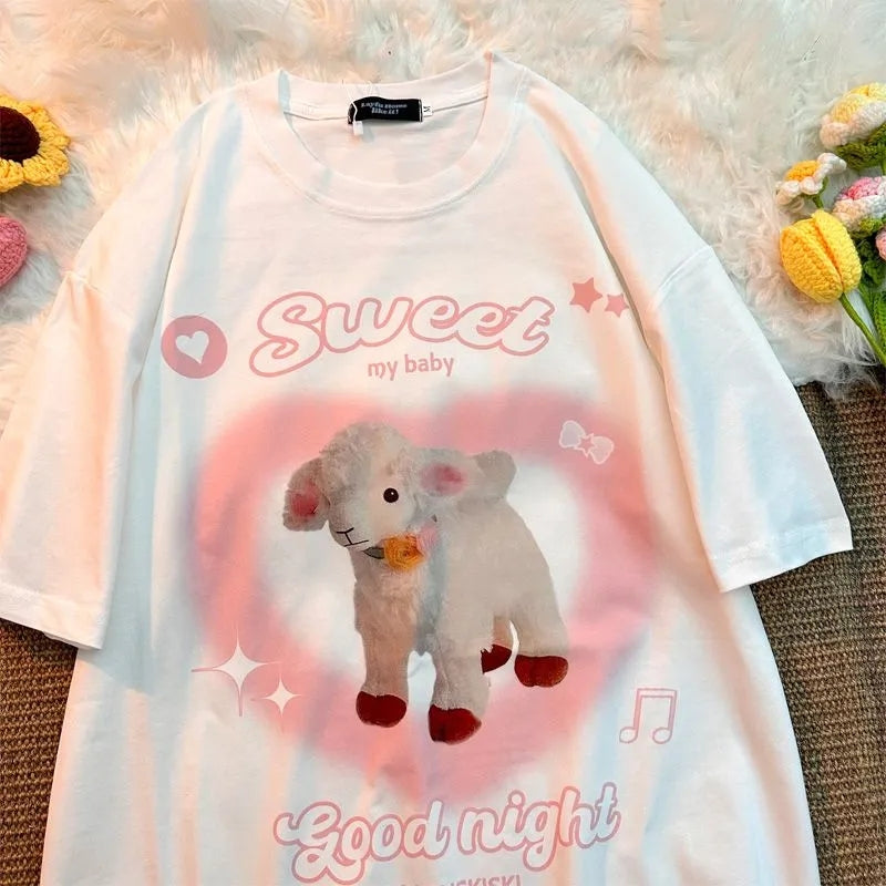 Sweet Lamb Print Short Sleeve T-shirt