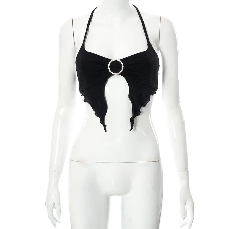 Black Lace Up Circle Rhinestone Halter Top