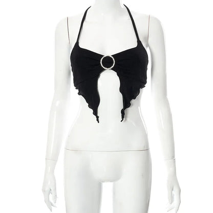Black Lace Up Circle Rhinestone Halter Top