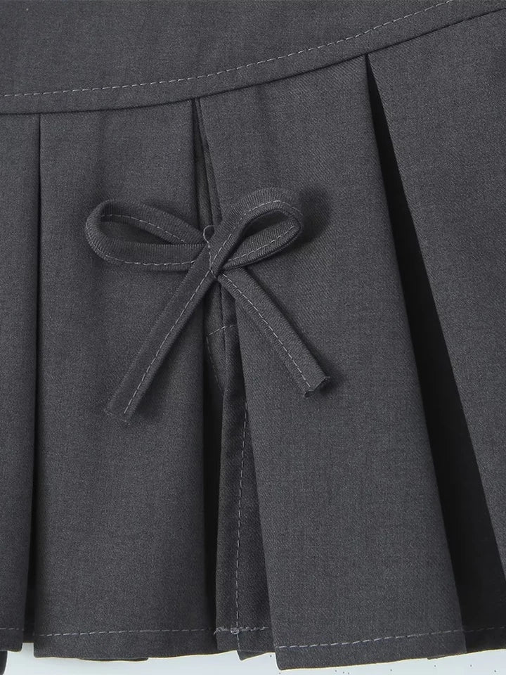 Grey Bow Low Waist Tiered Pleated Skirt