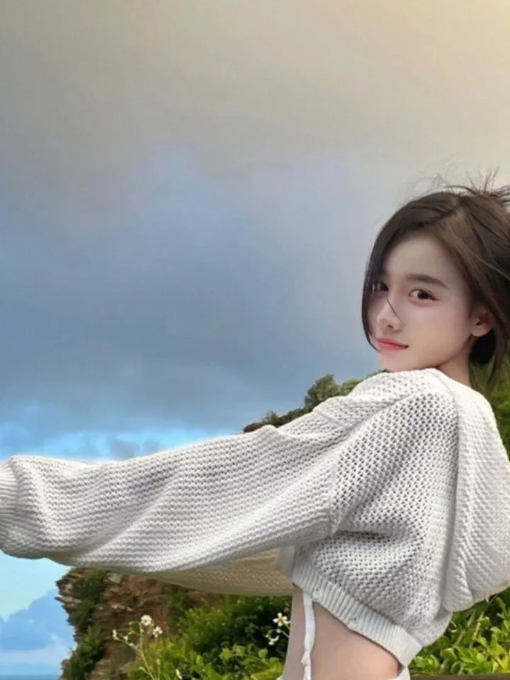 White Hollow Out Cropped Sweater