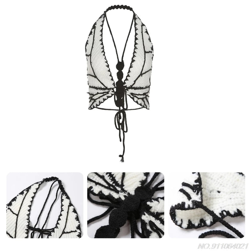 Cute Sexy Butterfly Crochet Halter Sleeveless Shirt Crop Top Camisole Beach Tunic Party Summer Aesthetic Casual E-Girl Kawaii Korean Japanese Harajuku