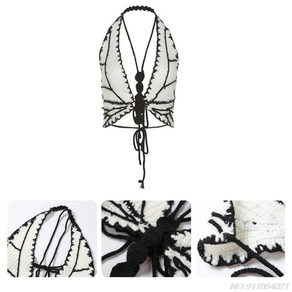 Cute Sexy Butterfly Crochet Halter Sleeveless Shirt Crop Top Camisole Beach Tunic Party Summer Aesthetic Casual E-Girl Kawaii Korean Japanese Harajuku
