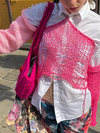Pink Color Contrast Knit Long Sleeve Halter Top